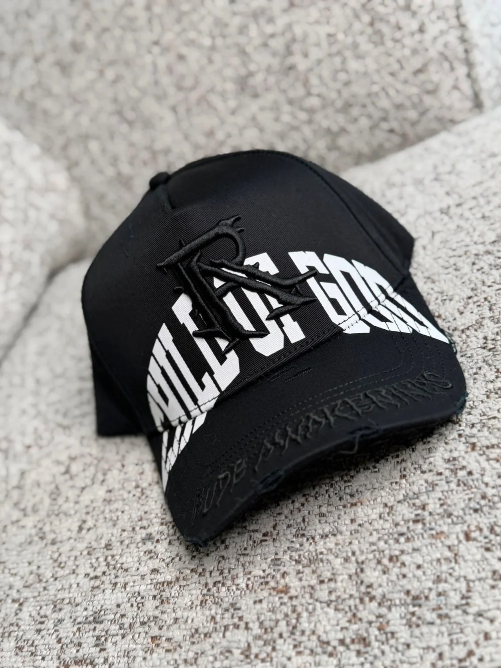 Black Graphic Baseball Cap with Embroidered Logo